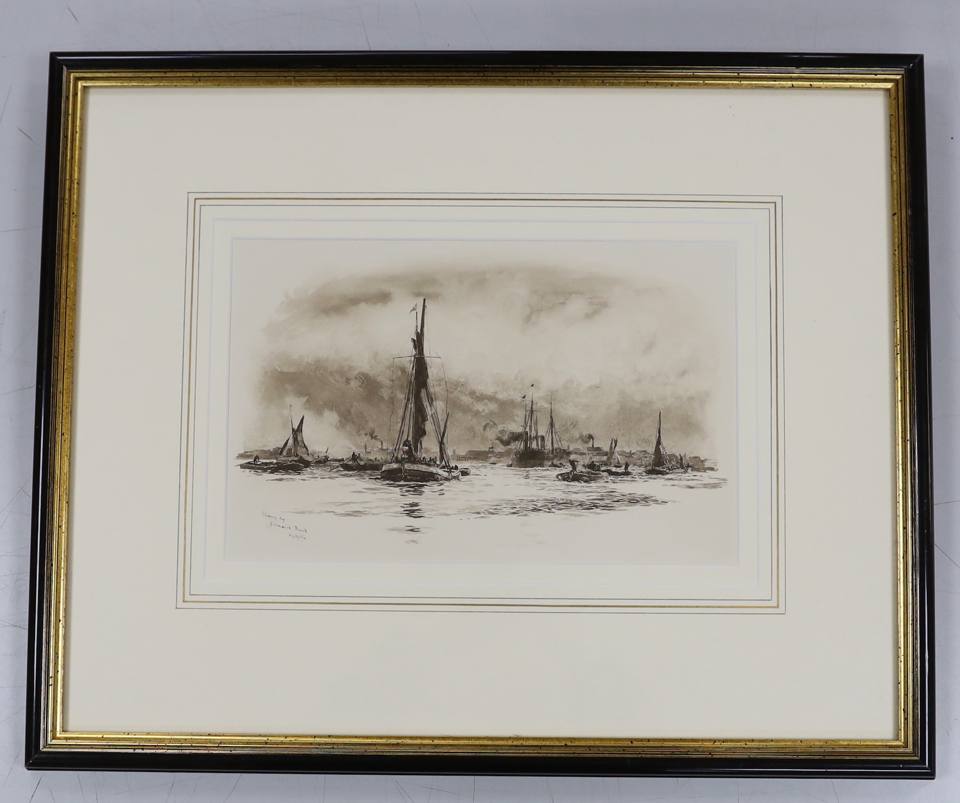 After William Lionel Wyllie, R.A. (1851-1931), Gravure print, ‘Showery Day, Greenwich Reach’, inscribed gallery label verso, 21 x 32cm